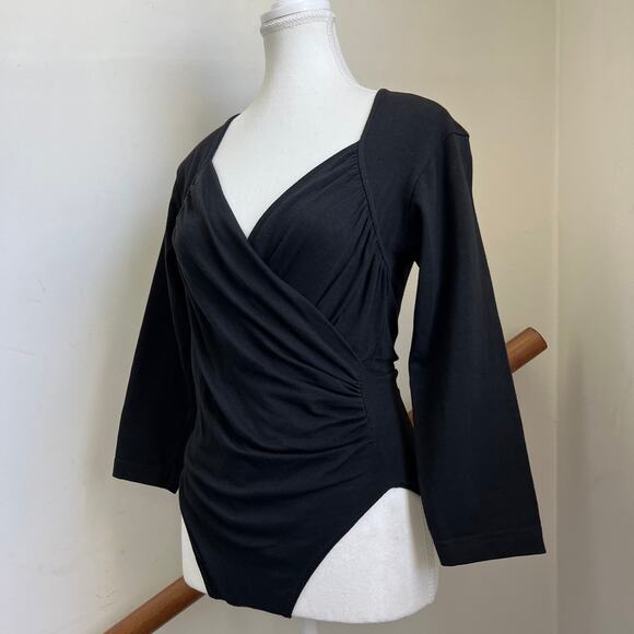 Vintage Gold Label Victoria Secret 80s Long Sleeve Bodysuit Black Wrap Surplice - Picture 4 of 9